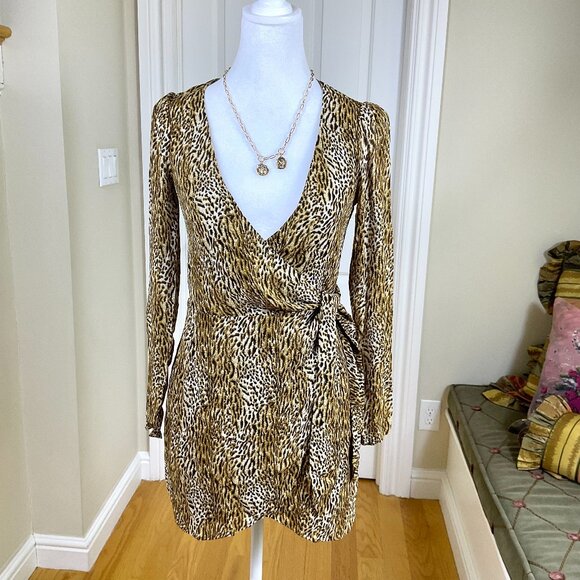 Reformation Dress Wrap Animal Print Brown Cream Deep V-Neck Long Sleeve (XS) - Picture 1 of 7